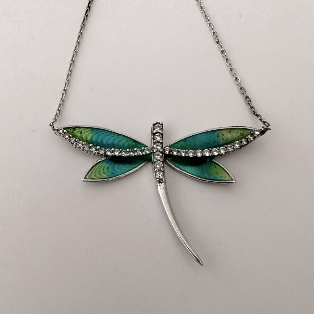 925 Silver dragonfly necklace hand made enamel clear cubic zirconia cz stones